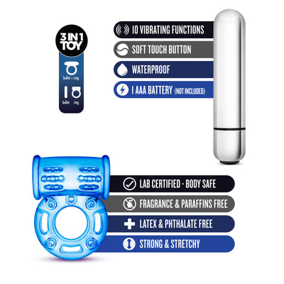 Stay Hard 10-Function Vibrating Bull Ring - Blue Vibrating Cock Ring