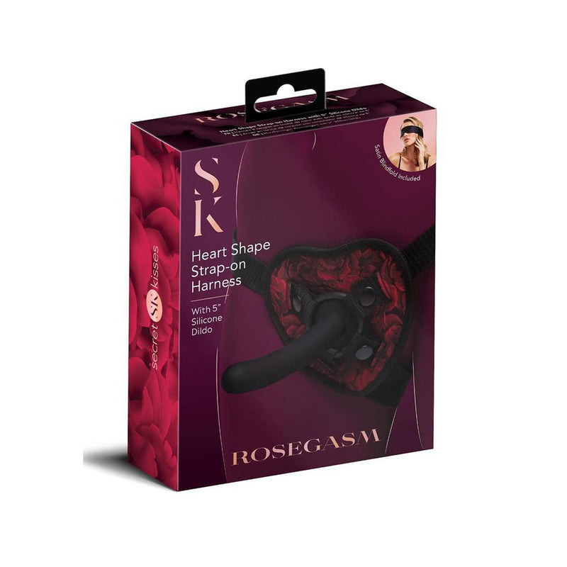 Secret Kisses ROSEGASM STRAP-ON HARNESS with Dildo - Red/Black Heart-Shaped Strap-On with 5&