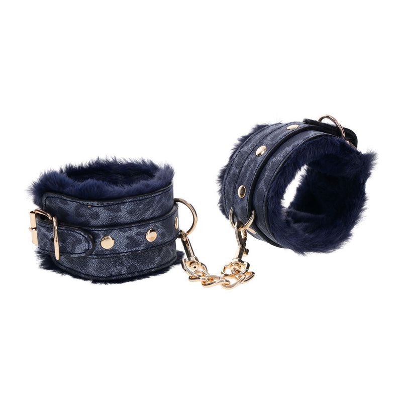 Sex & Mischief Cougar Fur Handcuffs - Navy Blue/Gold Furry Restraints