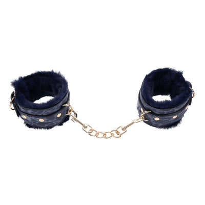 Sex & Mischief Cougar Fur Handcuffs - Navy Blue/Gold Furry Restraints