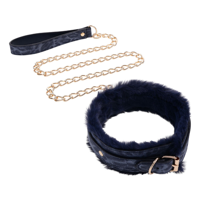 Sex & Mischief Cougar Fur Collar & Leash - Navy Blue/Gold Furry Restraint