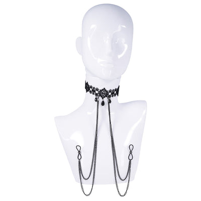 Sex & Mischief Lace Collar with Nipple Ties - Black Neck and Nipple Restraints