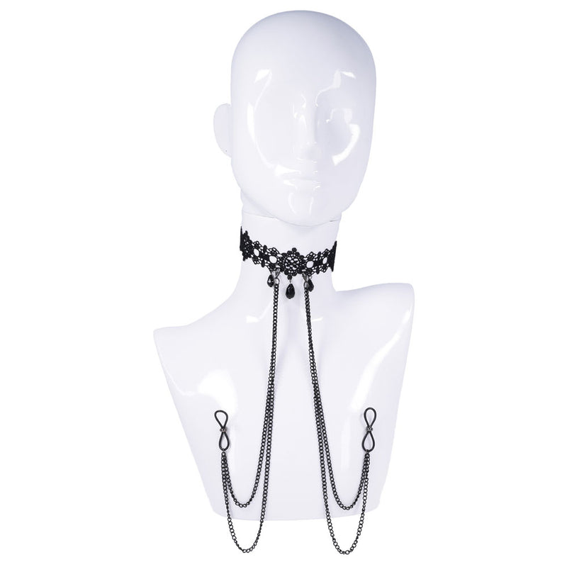 Sex & Mischief Lace Collar with Nipple Ties - Black Neck and Nipple Restraints
