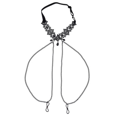 Sex & Mischief Lace Collar with Nipple Ties - Black Neck and Nipple Restraints