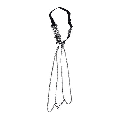 Sex & Mischief Lace Collar with Nipple Ties - Black Neck and Nipple Restraints