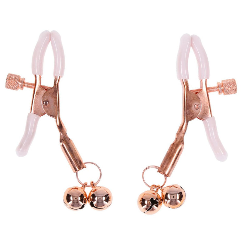 Sex & Mischief Peaches n CreaMe Bell Nipple Clamps - Peach/Rose Gold Nipple Clamps with Bells - Set of 2