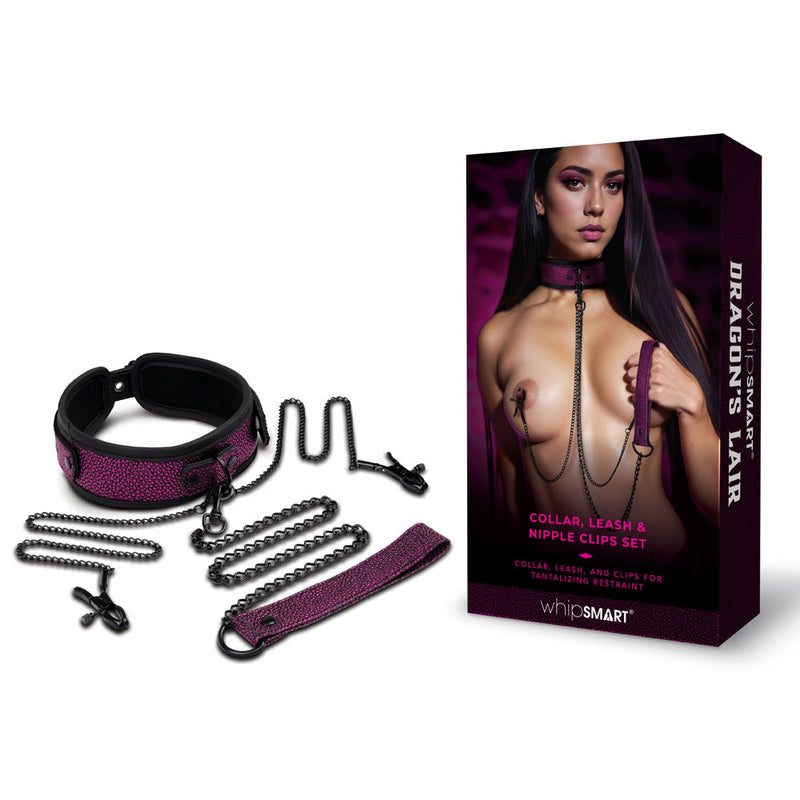 WhipSmart Dragons Lair Collar, Leash & Nipple Clips Set