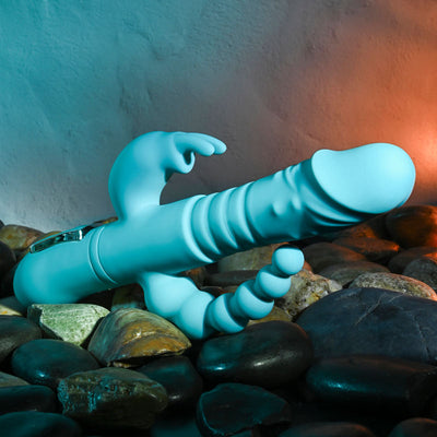 Adam & Eve EVES THRUSTING TRIPLE JOY RABBIT - Teal 25 cm USB Rechargeable Thrusting Rabbit Vibe with Anal Tickler