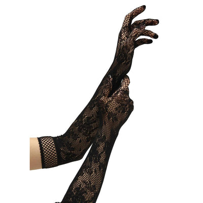 BACI White Label Flower Lace Opera Gloves - Black - Black Gloves