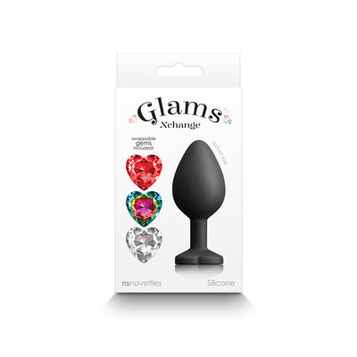 Glams Xchange Heart - Medium - Black Medium Butt Plug with Interchangeable Heart Gems