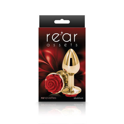 Rear Assets Rose - Small - Gold 7.6 cm Metal Butt Plug with Red Rose Base