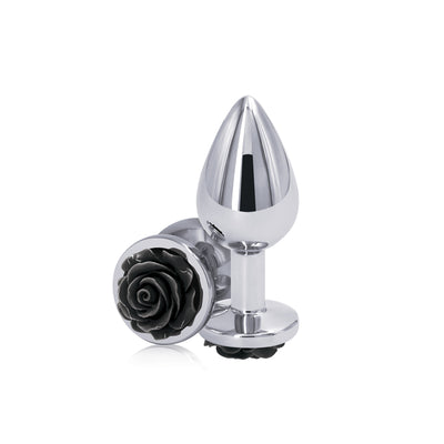 Rear Assets Rose - Medium - Chrome 8.9 cm Metal Butt Plug with Black Rose Base