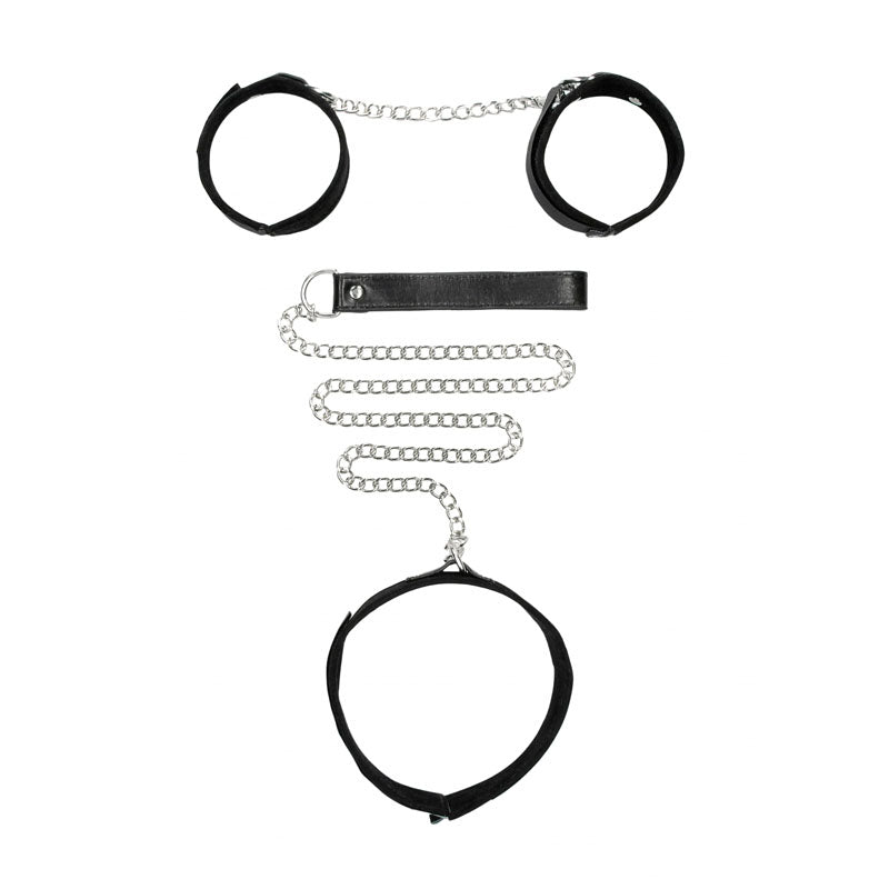 OUCH! BW Velcro Collar With Leash And Hand Cuffs - Black Restraints