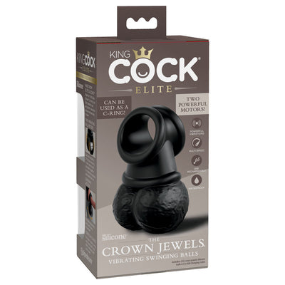 King Cock Elite The Crown Jewels Vibrating Silicone Balls - Black USB Rechargeable Vibrating Cock Ring