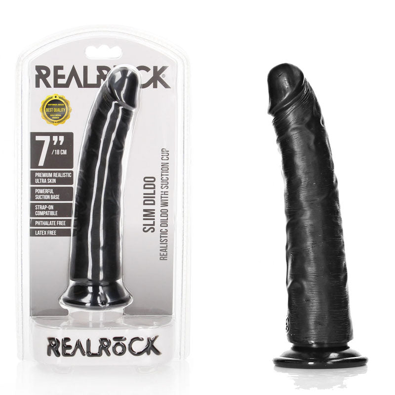 REALROCK Realistic Slim Dildo with Suction Cup - 18cm - Black 18 cm (7&