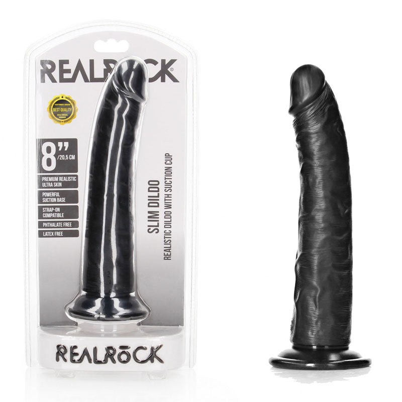 REALROCK Realistic Slim Dildo with Suction Cup - 20.5cm - Black 20.5 cm (8&