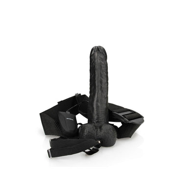 REALROCK Vibrating Hollow Strapon + Balls - 18cm Black - Black 18 cm Vibrating Hollow Strap-On